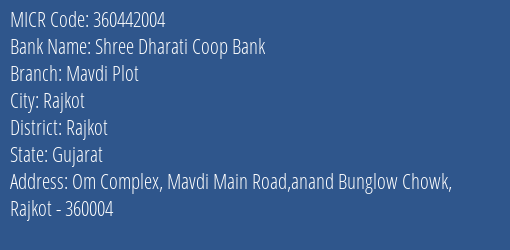 Shree Dharati Coop Bank Mavdi Plot MICR Code