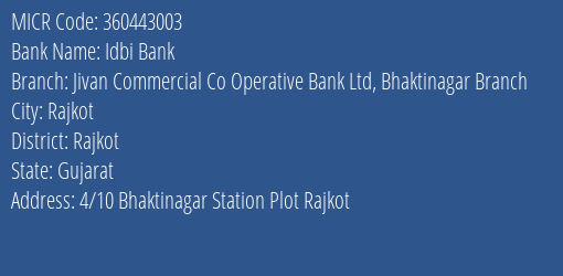 Jivan Commercial Co Operative Bank Ltd Bhaktinagar MICR Code