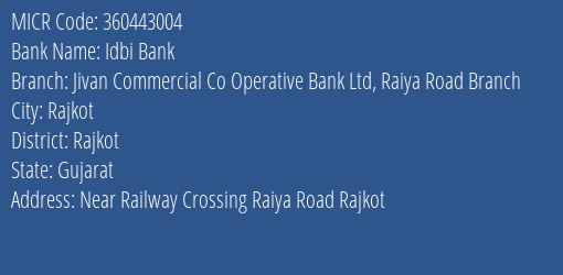 Jivan Commercial Co Operative Bank Ltd Raiya Road MICR Code
