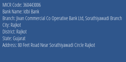Jivan Commercial Co Operative Bank Ltd Sorathiyawadi MICR Code
