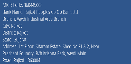 Rajkot Peoples Co Op Bank Ltd Vavdi Industrial Area Branch MICR Code