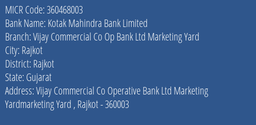 Vijay Commercial Co Op Bank Ltd Marketing Yard MICR Code