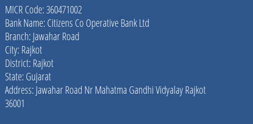 Citizens Co Operative Bank Ltd Jawahar Road MICR Code