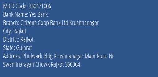 Yes Bank Citizens Coop Bank Ltd Krushnanagar MICR Code