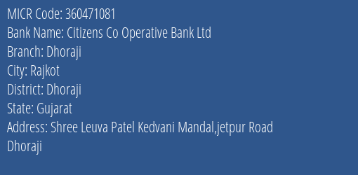 Citizens Co Operative Bank Ltd Dhoraji MICR Code