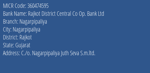 Rajkot District Central Co Op. Bank Ltd Nagarpipaliya MICR Code