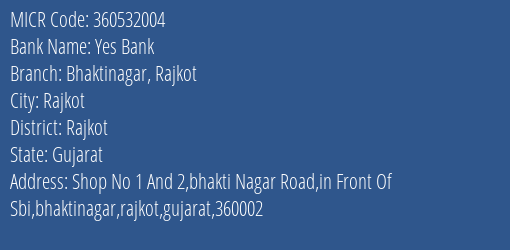 Yes Bank Bhaktinagar Rajkot MICR Code