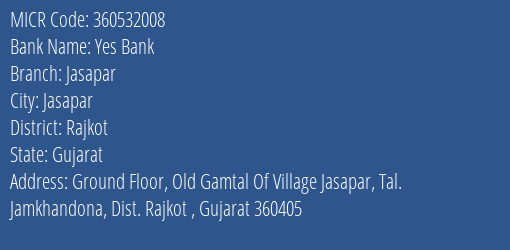 Yes Bank Jasapar MICR Code