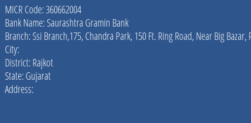 Saurashtra Gramin Bank Ssi Branch 175 Chandra Park 150 Ft. Ring Road Near Big Bazar Rajkot 360005 MICR Code
