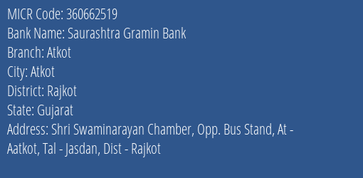 Saurashtra Gramin Bank Atkot MICR Code