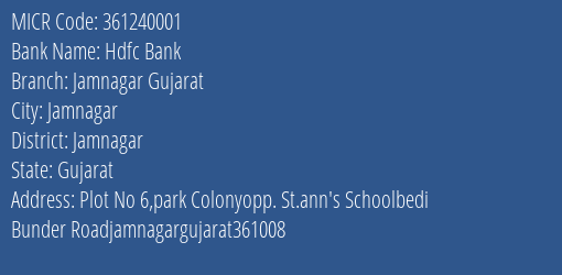 Hdfc Bank Jamnagar Gujarat MICR Code