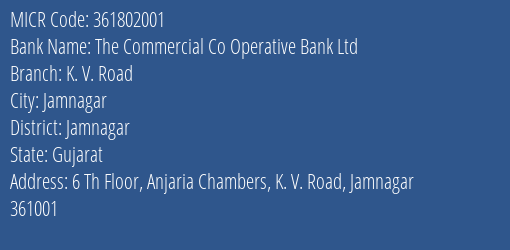 The Commercial Co Operative Bank Ltd K. V. Road MICR Code