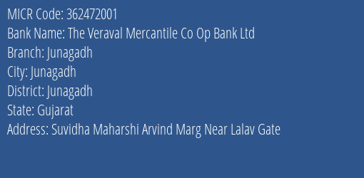 The Veraval Mercantile Co Op Bank Ltd Junagadh MICR Code