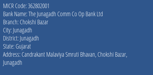 The Junagadh Comm Co Op Bank Ltd Chokshi Bazar MICR Code