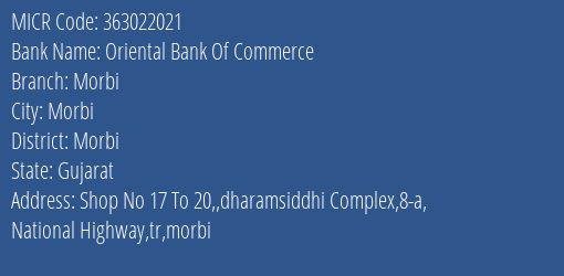 Oriental Bank Of Commerce Morbi MICR Code