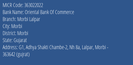 Oriental Bank Of Commerce Morbi Lalpar MICR Code