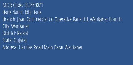 Jivan Commercial Co Operative Bank Ltd Wankaner MICR Code