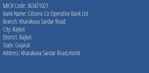 Citizens Co Operative Bank Ltd Kharakuva Sardar Road MICR Code