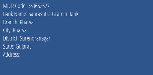 Saurashtra Gramin Bank Kharva Branch Address Details and MICR Code 363662527