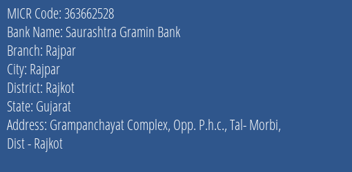 Saurashtra Gramin Bank Rajpar MICR Code