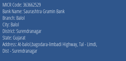Saurashtra Gramin Bank Balol Branch Address Details and MICR Code 363662529