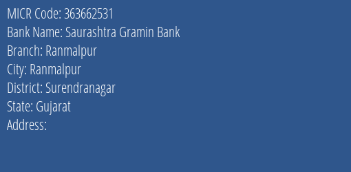 Saurashtra Gramin Bank Ranmalpur Branch Address Details and MICR Code 363662531