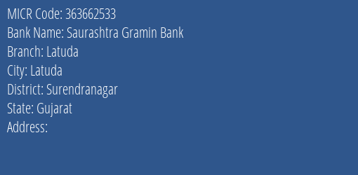Saurashtra Gramin Bank Latuda Branch Address Details and MICR Code 363662533