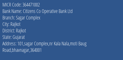 Citizens Co Operative Bank Ltd Sagar Complex MICR Code