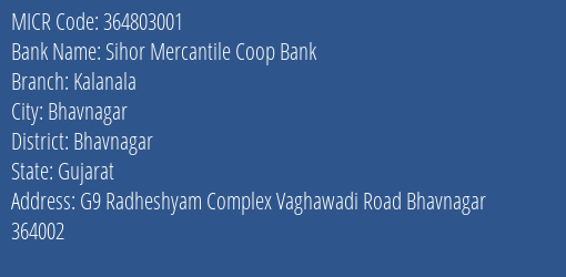 Yes Bank Sihor Mercantile Coop Bank Kalanala Branch Address Details and MICR Code 364803001