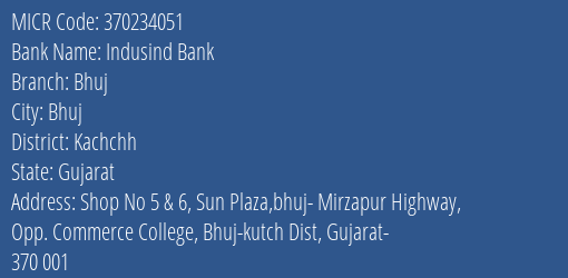 Indusind Bank Bhuj Branch Address Details and MICR Code 370234051
