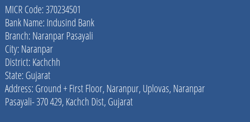 Indusind Bank Naranpar Pasayali Branch Address Details and MICR Code 370234501