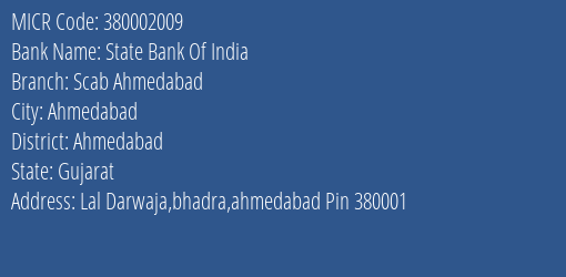 State Bank Of India Scab Ahmedabad MICR Code