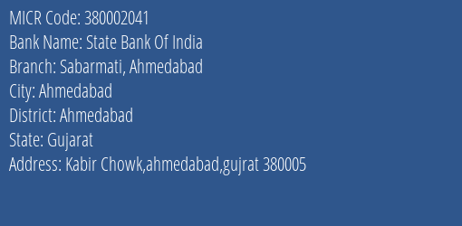 State Bank Of India Sabarmati Ahmedabad MICR Code