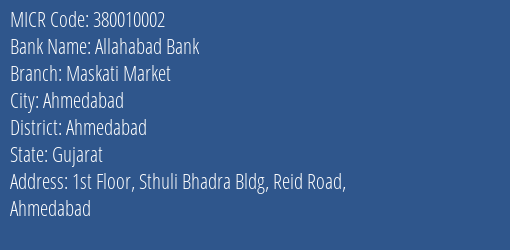 Allahabad Bank Maskati Market MICR Code