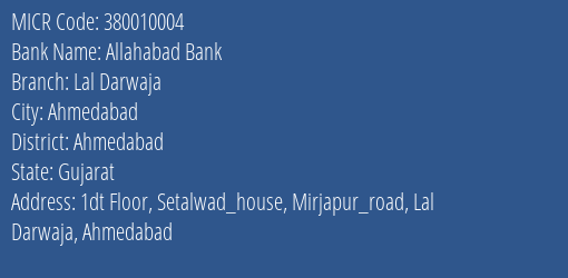 Allahabad Bank Lal Darwaja MICR Code