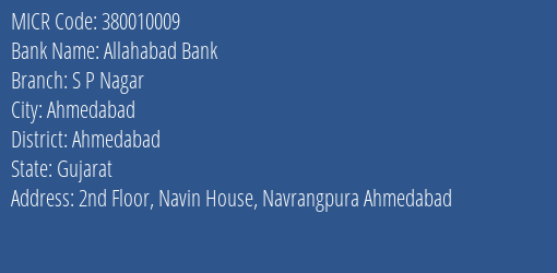 Allahabad Bank S P Nagar MICR Code