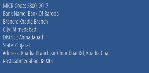 Bank Of Baroda Khadia Branch Branch Address Details and MICR Code 380012017