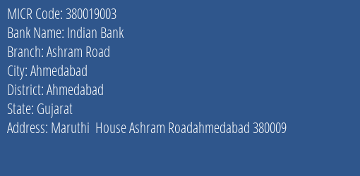 Indian Bank Ashram Road MICR Code