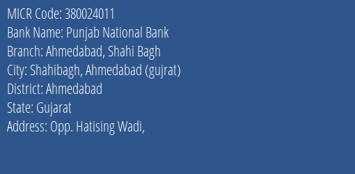 Punjab National Bank Ahmedabad Shahi Bagh MICR Code