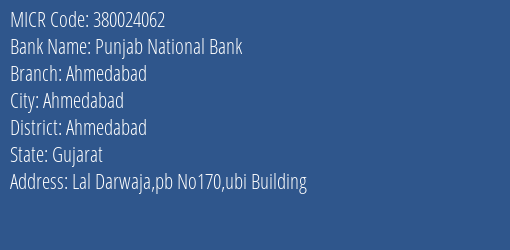 Punjab National Bank Ahmedabad MICR Code