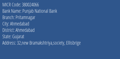 Punjab National Bank Pritamnagar MICR Code