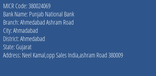 Punjab National Bank Ahmedabad Ashram Road MICR Code