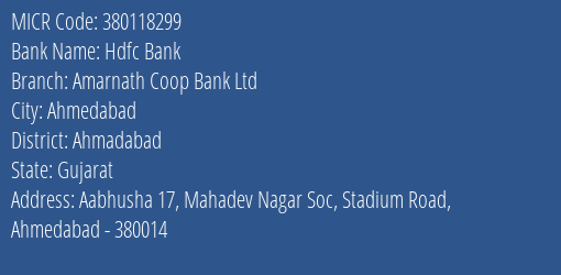 Amarnath Coop Bank Ltd Stadium Road MICR Code
