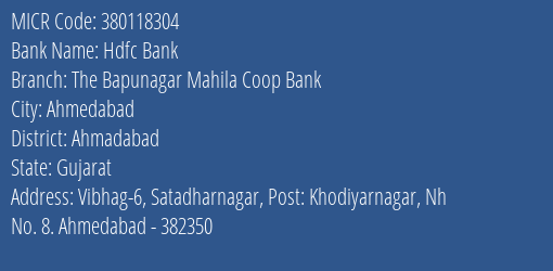 The Bapunagar Mahila Coop Bank Satadharnagar MICR Code