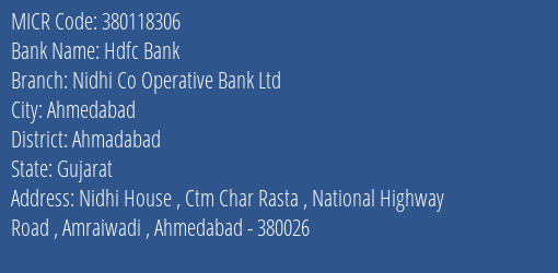 Nidhi Co Op Bank Ltd Char Rasta MICR Code