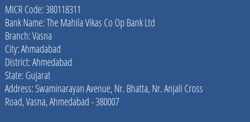 The Mahila Vikas Co Op Bank Ltd Vasna MICR Code