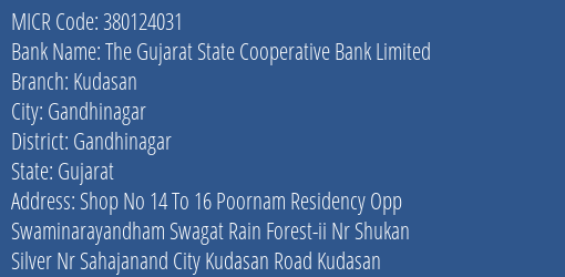 The Gujarat State Cooperative Bank Limited Kudasan MICR Code