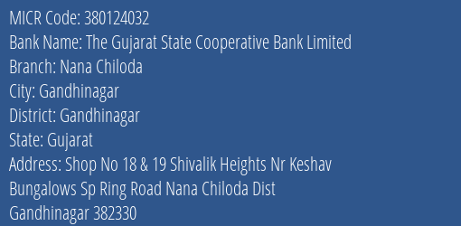 The Gujarat State Cooperative Bank Limited Nana Chiloda MICR Code
