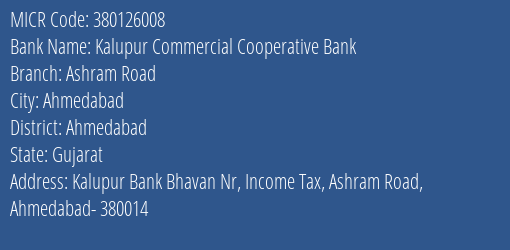 Kalupur Commercial Cooperative Bank Ashram Road MICR Code