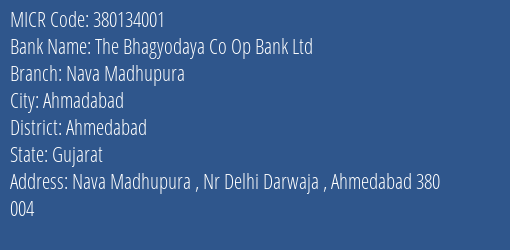 The Bhagyodaya Co Op Bank Ltd Nava Madhupura MICR Code